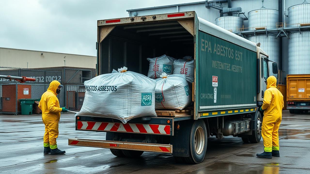 Licensed asbestos disposal Sydney — EPA-compliant transport with full waste manifest documentation. ARSN asbestos disposal truck loading sealed asbestos waste bags for transport to an EPA-licensed Sydney facility