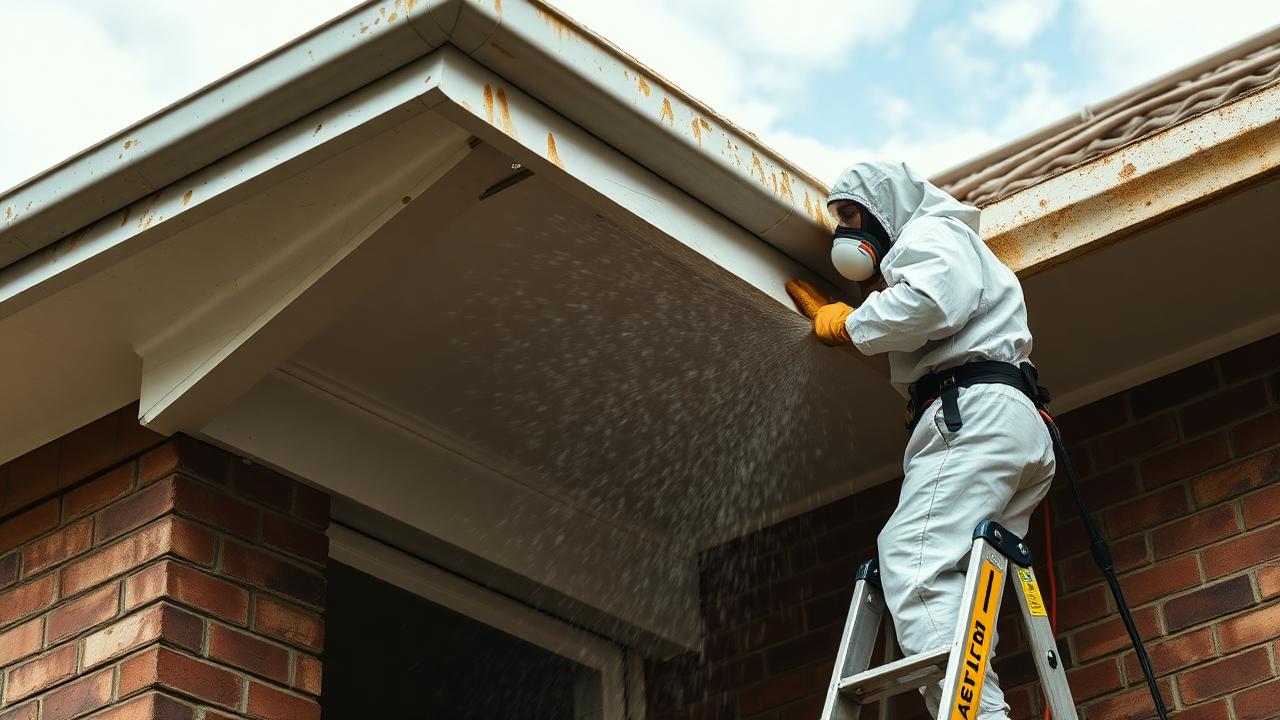Asbestos eaves and soffit removal Sydney — replaced with compliant fibre cement sheeting. Licensed asbestos removalist on a scaffold removing asbestos eaves and soffit sheeting from a Sydney home
