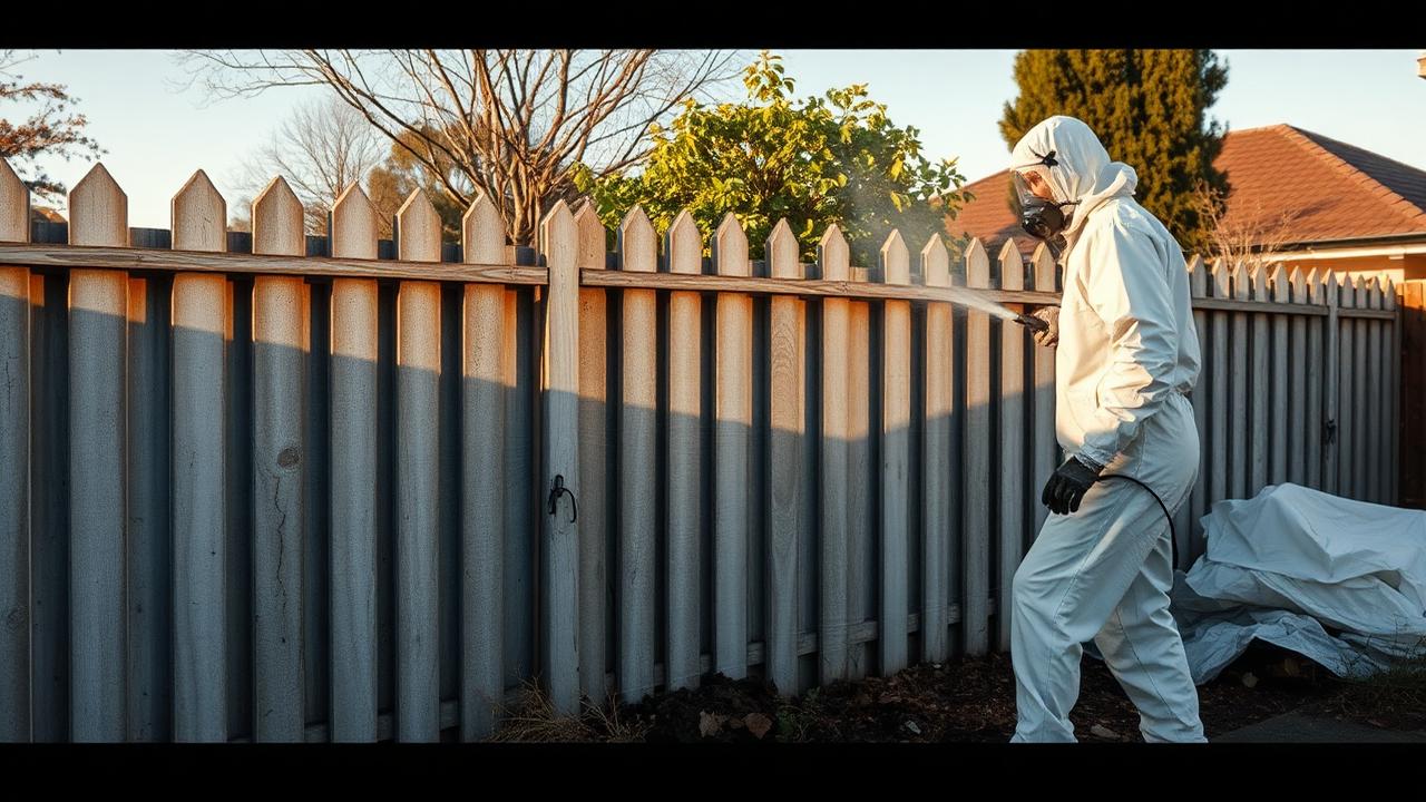 Asbestos fence removal Sydney — fibro boundary fences taken down, sealed and disposed of in one visit. ARSN crew removing an asbestos cement boundary fence from a Sydney backyard and double-bagging panels for disposal