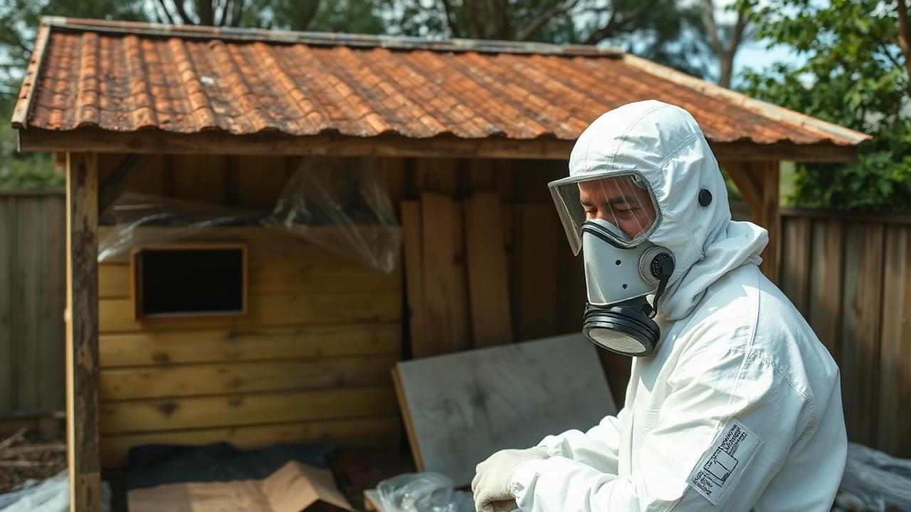 Asbestos garage and shed removal Sydney — full demolition and licensed disposal of fibro outbuildings. ARSN demolishing an asbestos cement garage and shed at a Sydney property using licensed removal procedures
