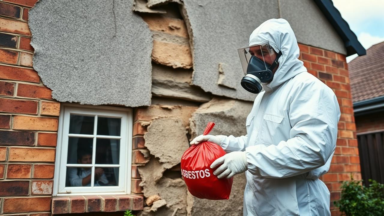 Licensed residential asbestos removal — fibro walls, eaves and ceilings safely stripped from Sydney homes. ARSN licensed residential asbestos removalist in full PPE removing bonded fibro wall sheeting from a Sydney home