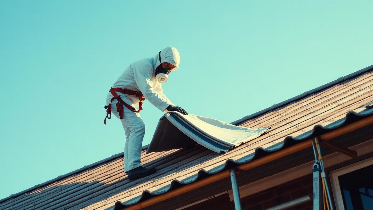 Asbestos roof removal Sydney — Super Six sheets removed with water suppression and EPA-compliant disposal. Licensed asbestos roof removalist dismantling Super Six asbestos cement roof sheets on a Sydney property with dust suppression