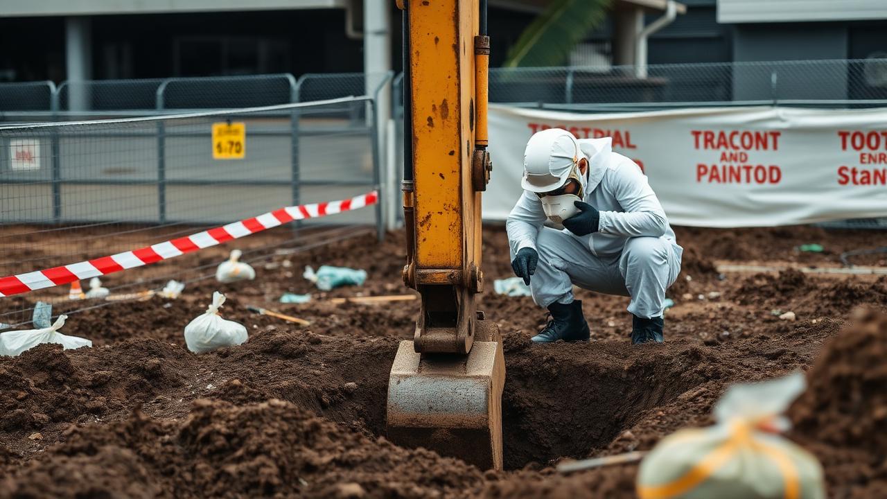 Asbestos soil remediation Sydney — contaminated soil identified, excavated and validated for clearance. Asbestos soil remediation crew excavating asbestos-contaminated soil from a Sydney site under controlled conditions